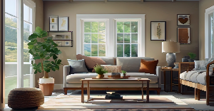 A cozy living room with energy-efficient windows allowing natural light, featuring a comfortable sofa and indoor plants.