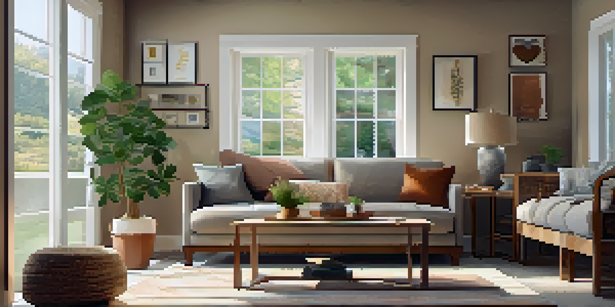 A cozy living room with energy-efficient windows allowing natural light, featuring a comfortable sofa and indoor plants.