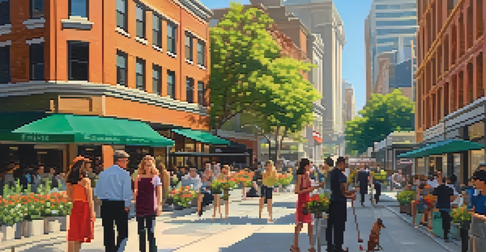 A vibrant urban street filled with diverse architecture, people walking, and blooming flowers, illuminated by warm sunlight.