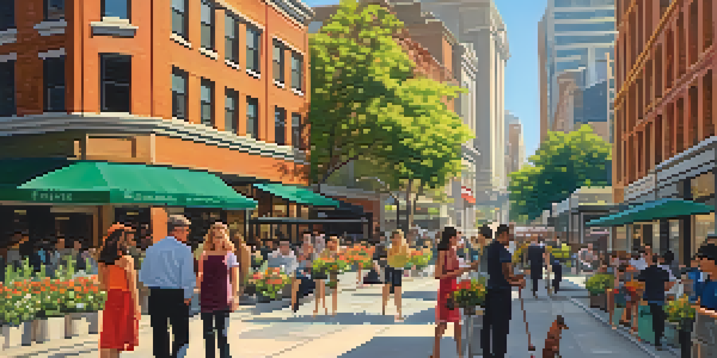 A vibrant urban street filled with diverse architecture, people walking, and blooming flowers, illuminated by warm sunlight.