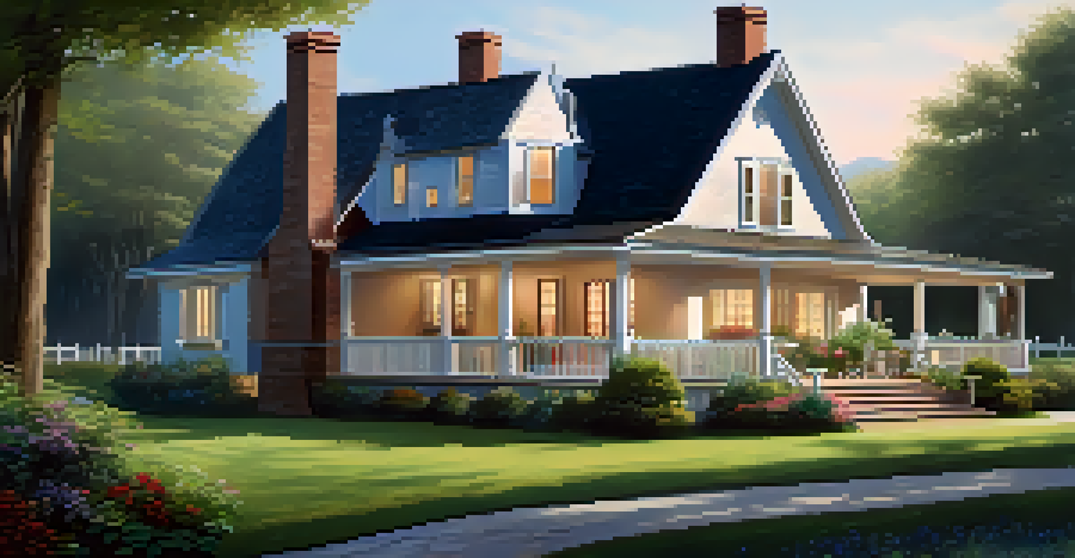 A charming rural house surrounded by greenery and a garden, with a porch and outdoor seating.