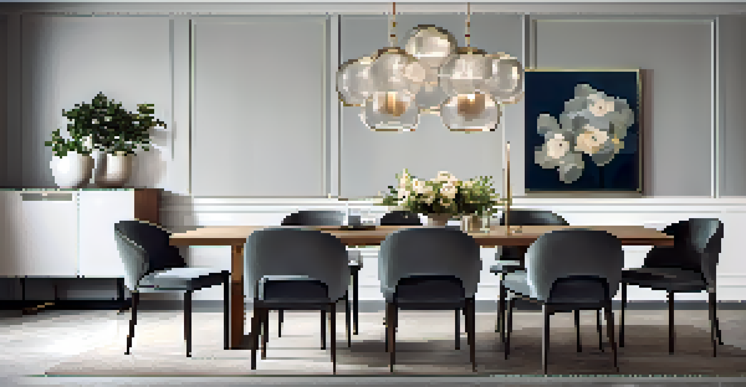 A modern dining area with a wooden table, sleek chairs, soft gray walls, and elegant pendant lights.