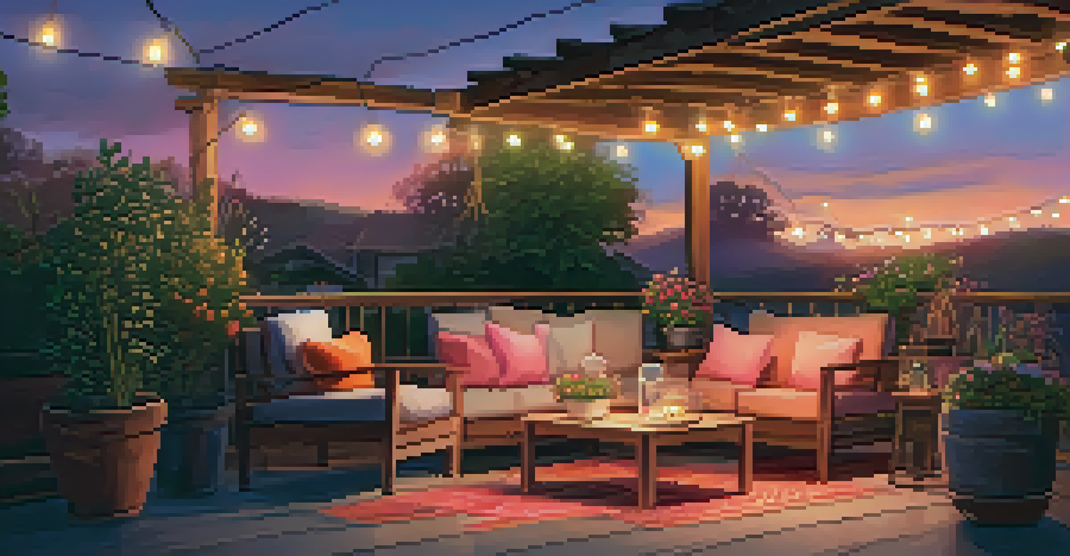 An outdoor patio at sunset with cozy seating, warm lighting, and colorful flowers.