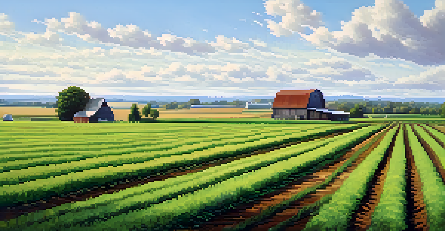 A beautiful agricultural landscape with green fields and a barn, under a bright blue sky with clouds.