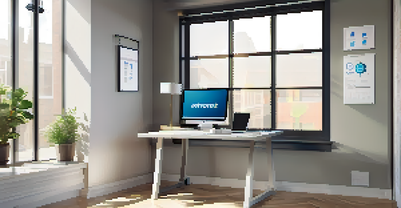 An office space featuring a smart outlet, printer, laptop, and an energy monitoring app on the screen.