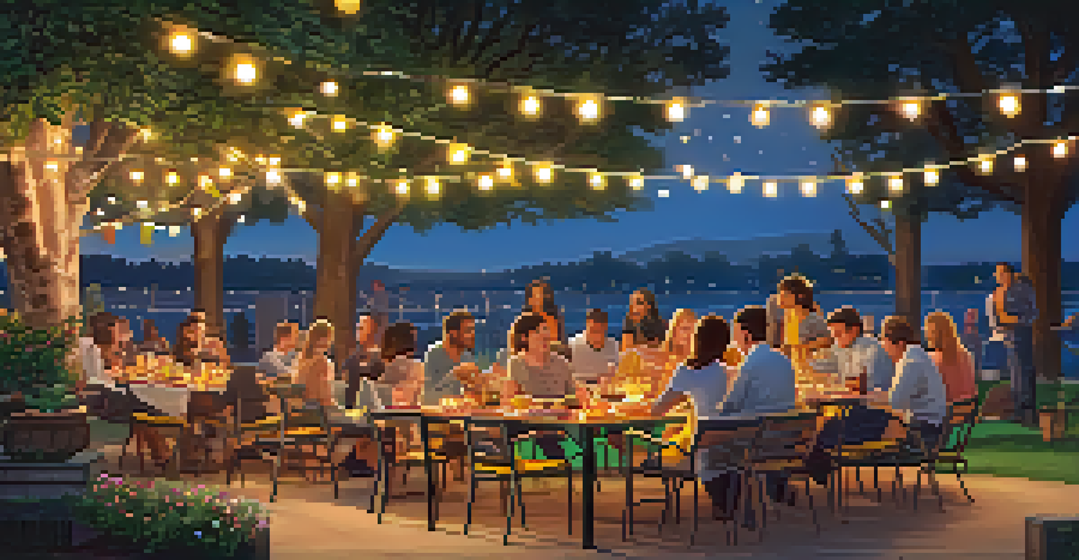 An outdoor barbecue setup with warm yellow lights, colorful decorations, and twinkling lights in the background.