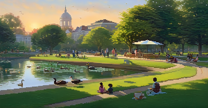 A peaceful city park at sunset with families having a picnic, colorful flowerbeds, and a pond with ducks.
