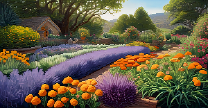 A colorful sustainable garden with marigolds, lavender, and a ladybug, illuminated by warm sunlight.