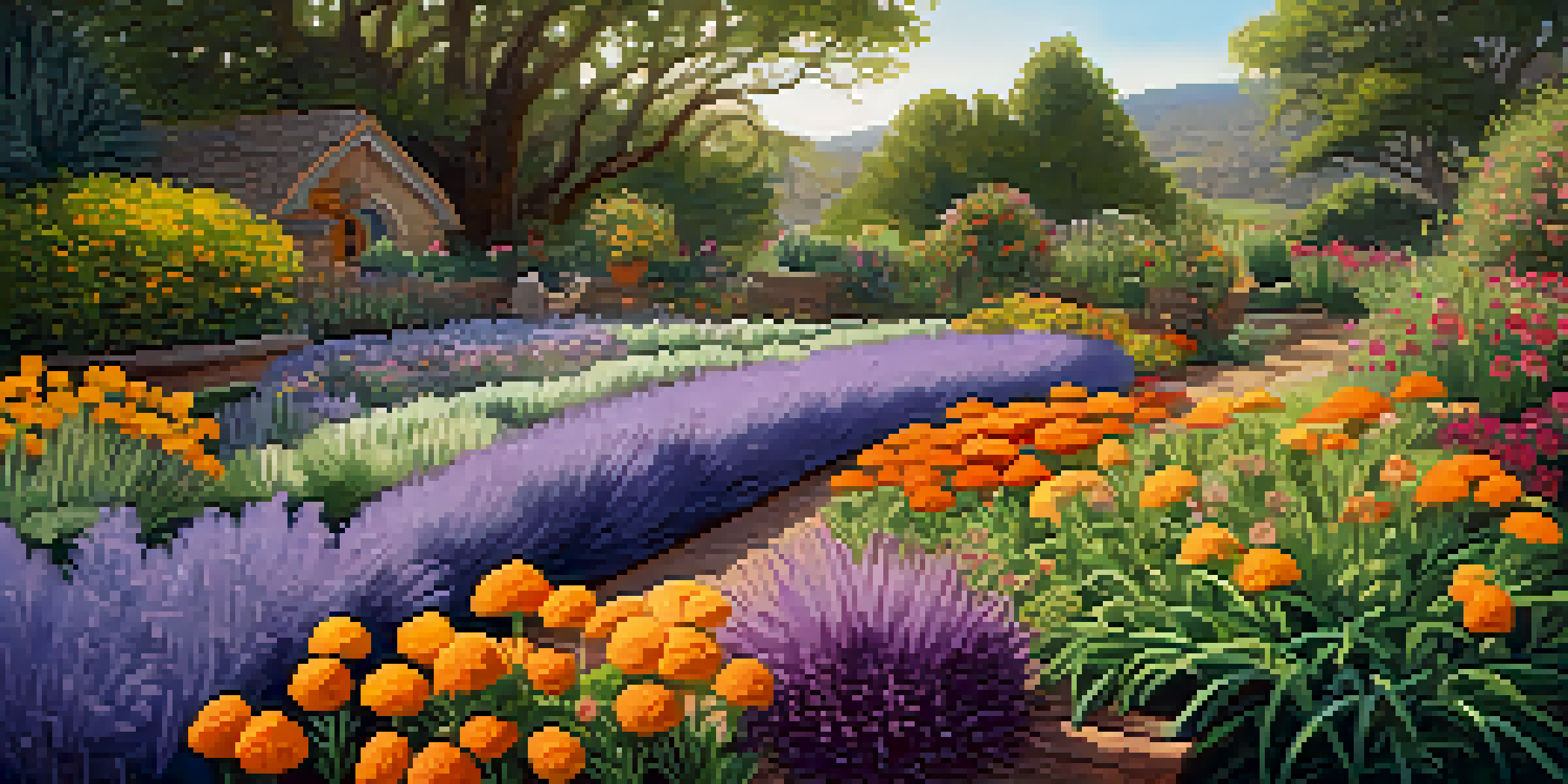 A colorful sustainable garden with marigolds, lavender, and a ladybug, illuminated by warm sunlight.