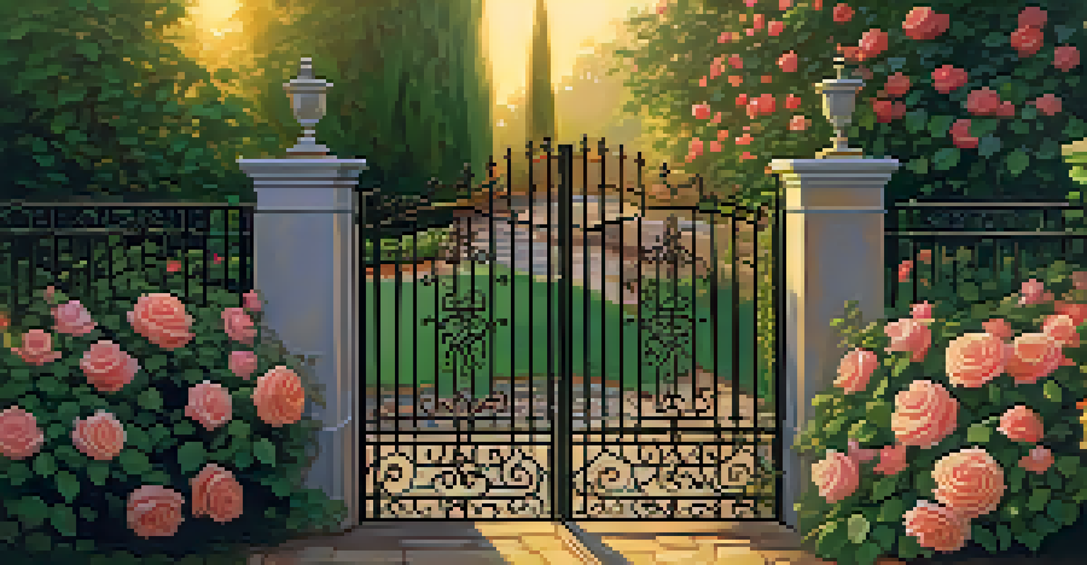 An elegant wrought iron fence surrounding a lush garden with climbing roses, illuminated by warm golden hour light.
