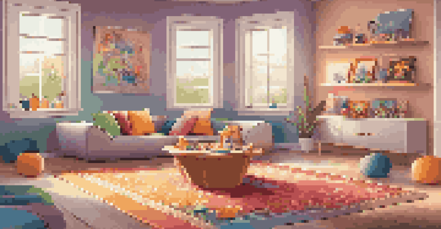 A vibrant playroom with a family game corner, featuring a bean bag chair, a table of board games, and colorful artwork on the walls.