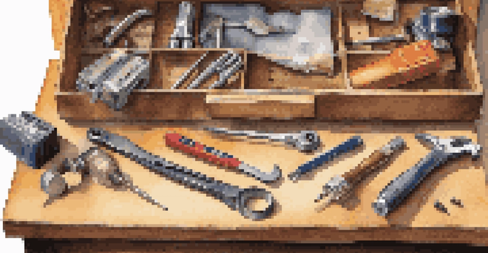 A neatly arranged home maintenance toolkit on a wooden workbench, showcasing various hand tools like a hammer and screwdrivers under warm lighting.