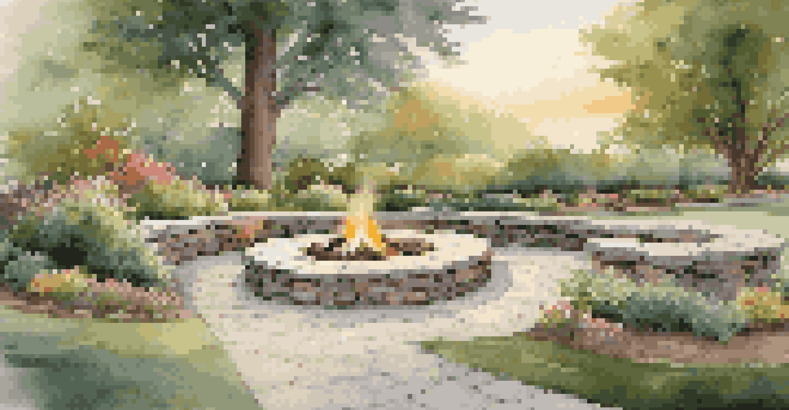 A stone pathway surrounded by greenery leading to a cozy outdoor seating area.