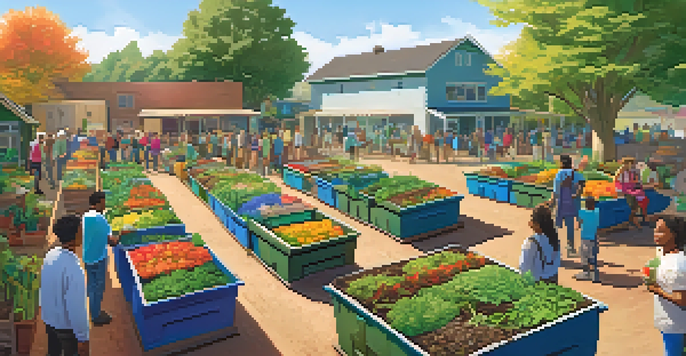 A community composting site with people of various backgrounds contributing organic waste, surrounded by greenery and colorful flowers.