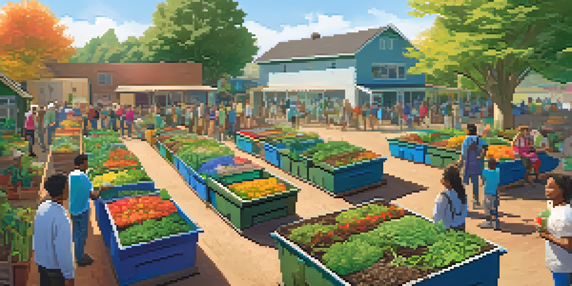 A community composting site with people of various backgrounds contributing organic waste, surrounded by greenery and colorful flowers.