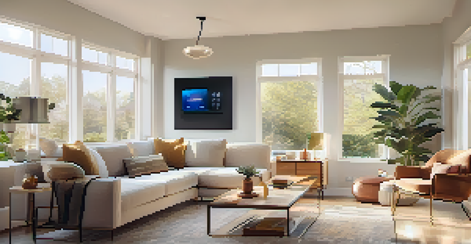 A contemporary living room showcasing smart home technology, including a thermostat, light bulbs, and a speaker, with sunlight filtering through the windows.