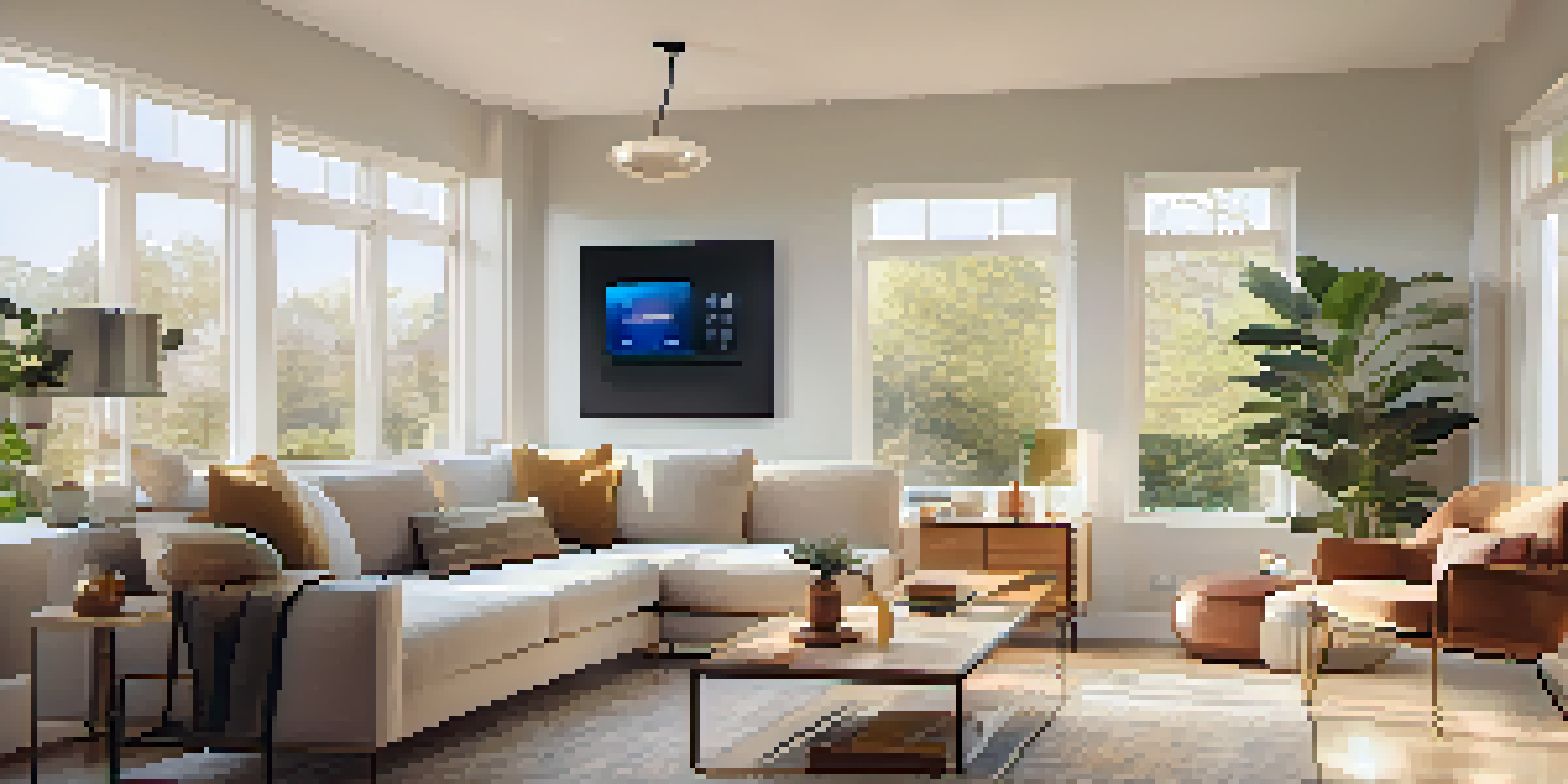 A contemporary living room showcasing smart home technology, including a thermostat, light bulbs, and a speaker, with sunlight filtering through the windows.