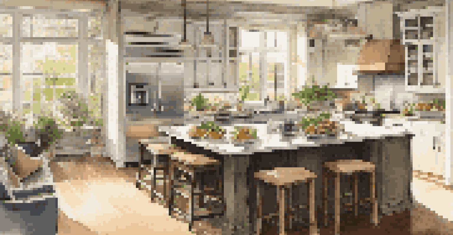 A modern kitchen featuring state-of-the-art appliances, an island with bar stools, and a sunny breakfast nook, filled with fresh herbs.