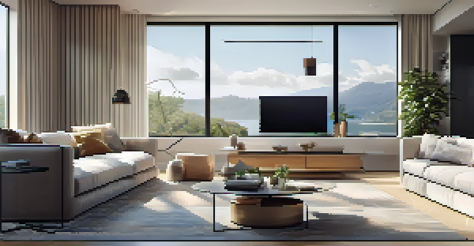 A bright and modern living room featuring a smart home hub on a coffee table, with various smart devices integrated into the decor.