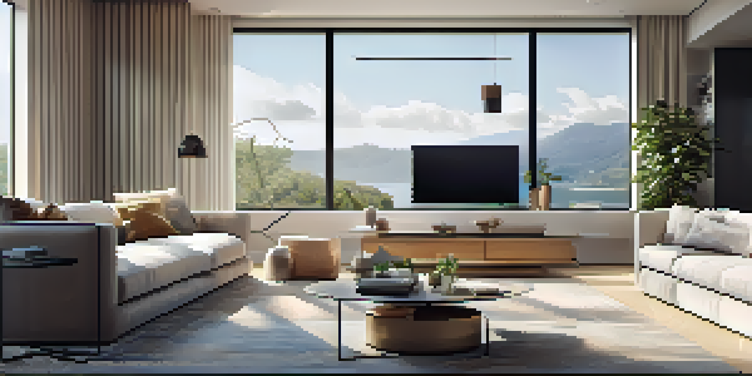 A bright and modern living room featuring a smart home hub on a coffee table, with various smart devices integrated into the decor.