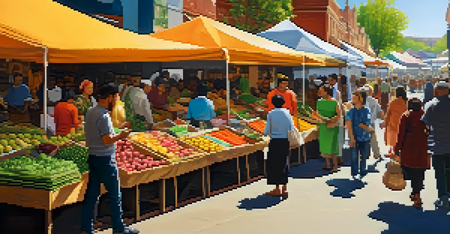 A lively outdoor market with diverse food stalls, colorful banners, and people enjoying the vibrant community atmosphere.