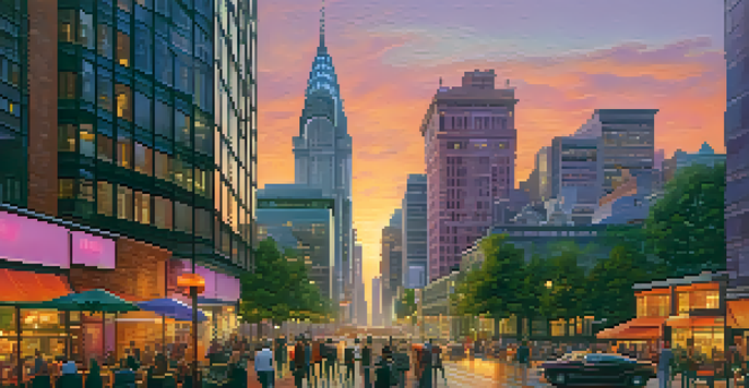 An urban skyline at sunset with modern skyscrapers and historic buildings, bustling street, and vibrant colors in the sky.