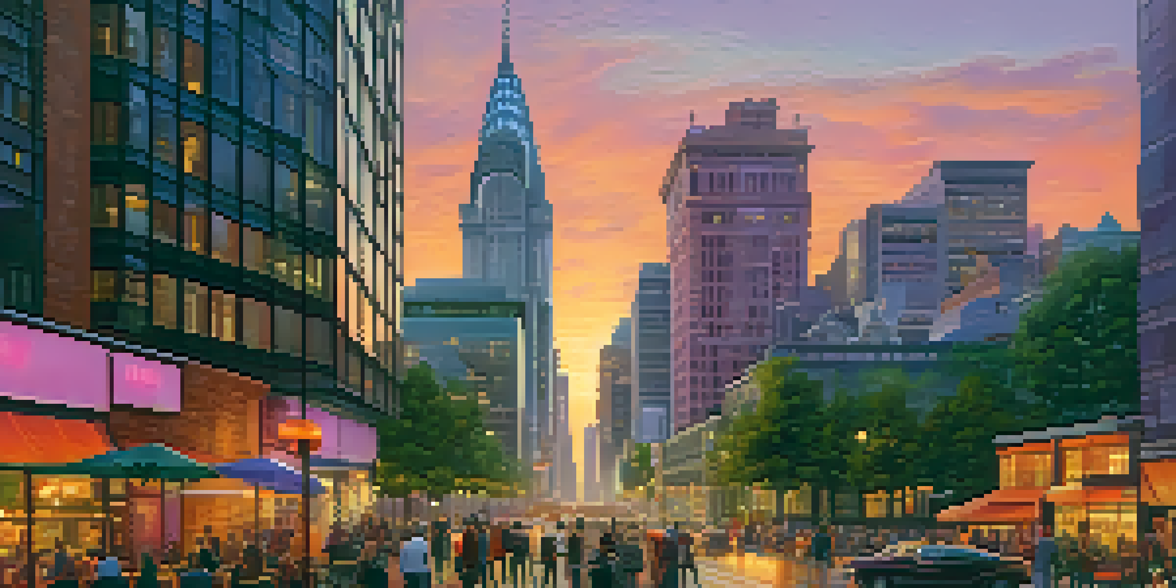 An urban skyline at sunset with modern skyscrapers and historic buildings, bustling street, and vibrant colors in the sky.