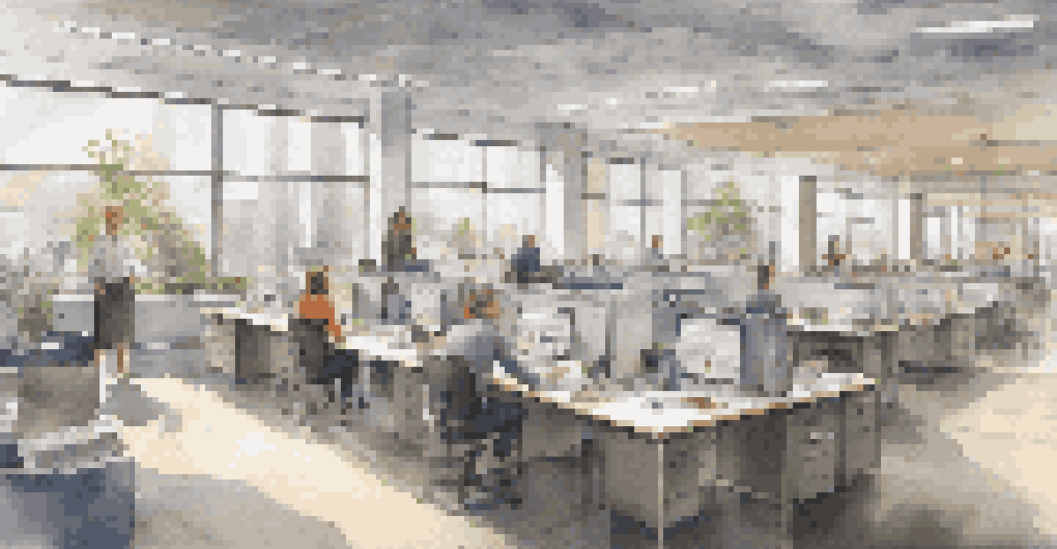 A modern office interior designed for universal accessibility, showcasing adjustable desks and clear signage, with diverse employees working together in a bright environment.