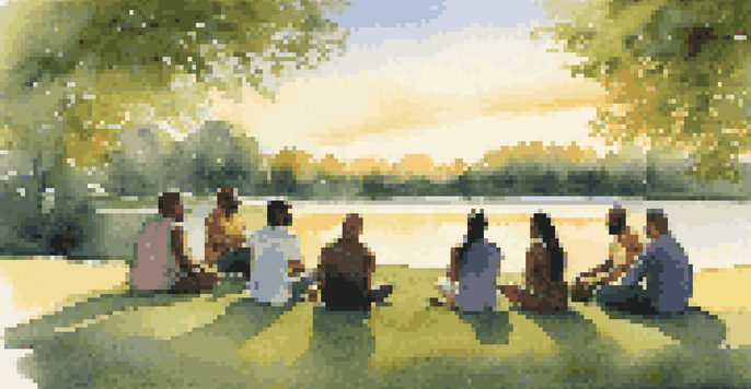 A diverse group of people sitting in a circle on a green lawn during sunset, engaged in mediation.