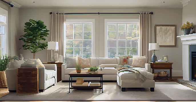 A cozy living room staged for an open house, with warm lighting, tasteful artwork, and fresh flowers, creating an inviting atmosphere.