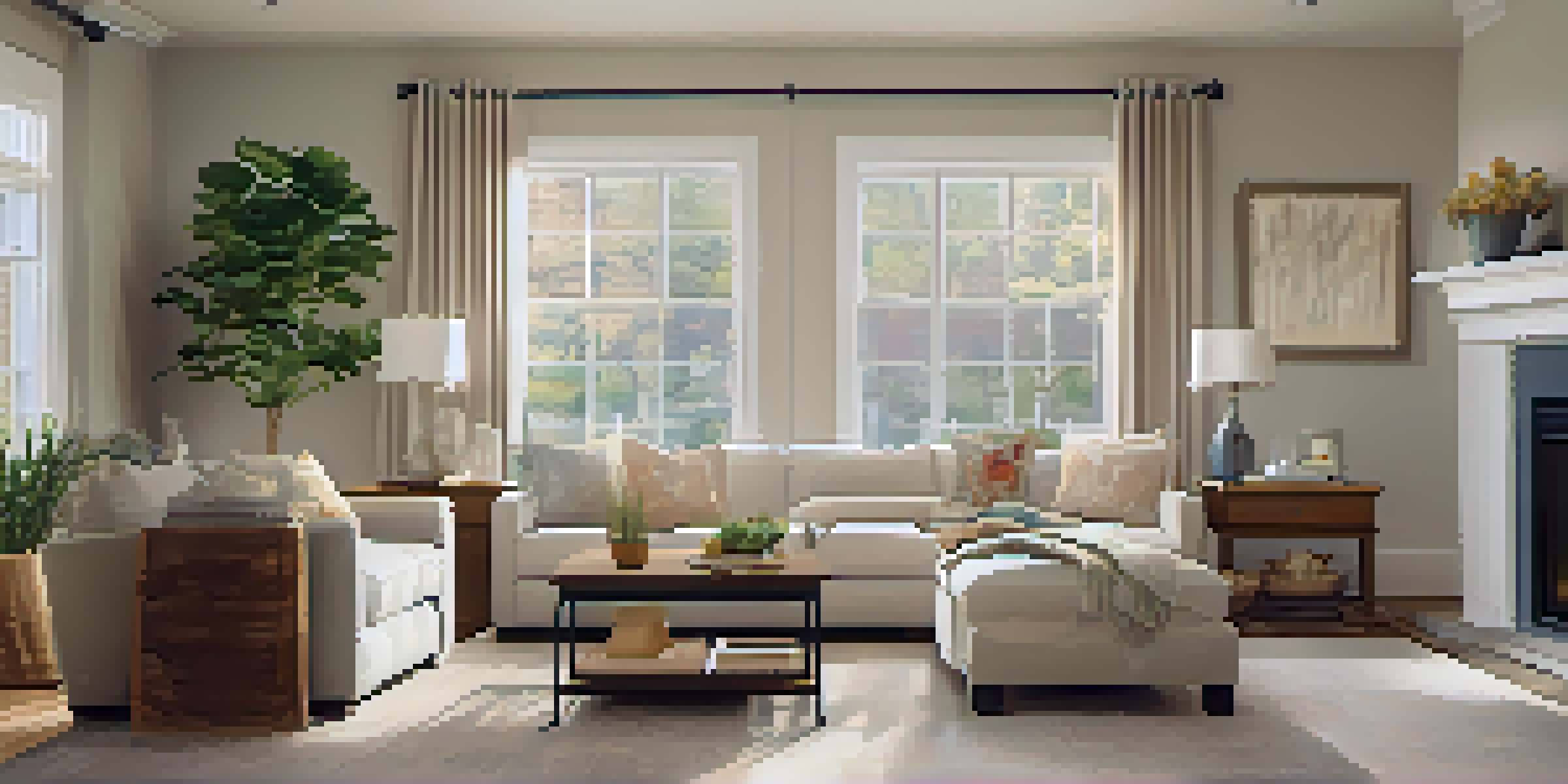 A cozy living room staged for an open house, with warm lighting, tasteful artwork, and fresh flowers, creating an inviting atmosphere.