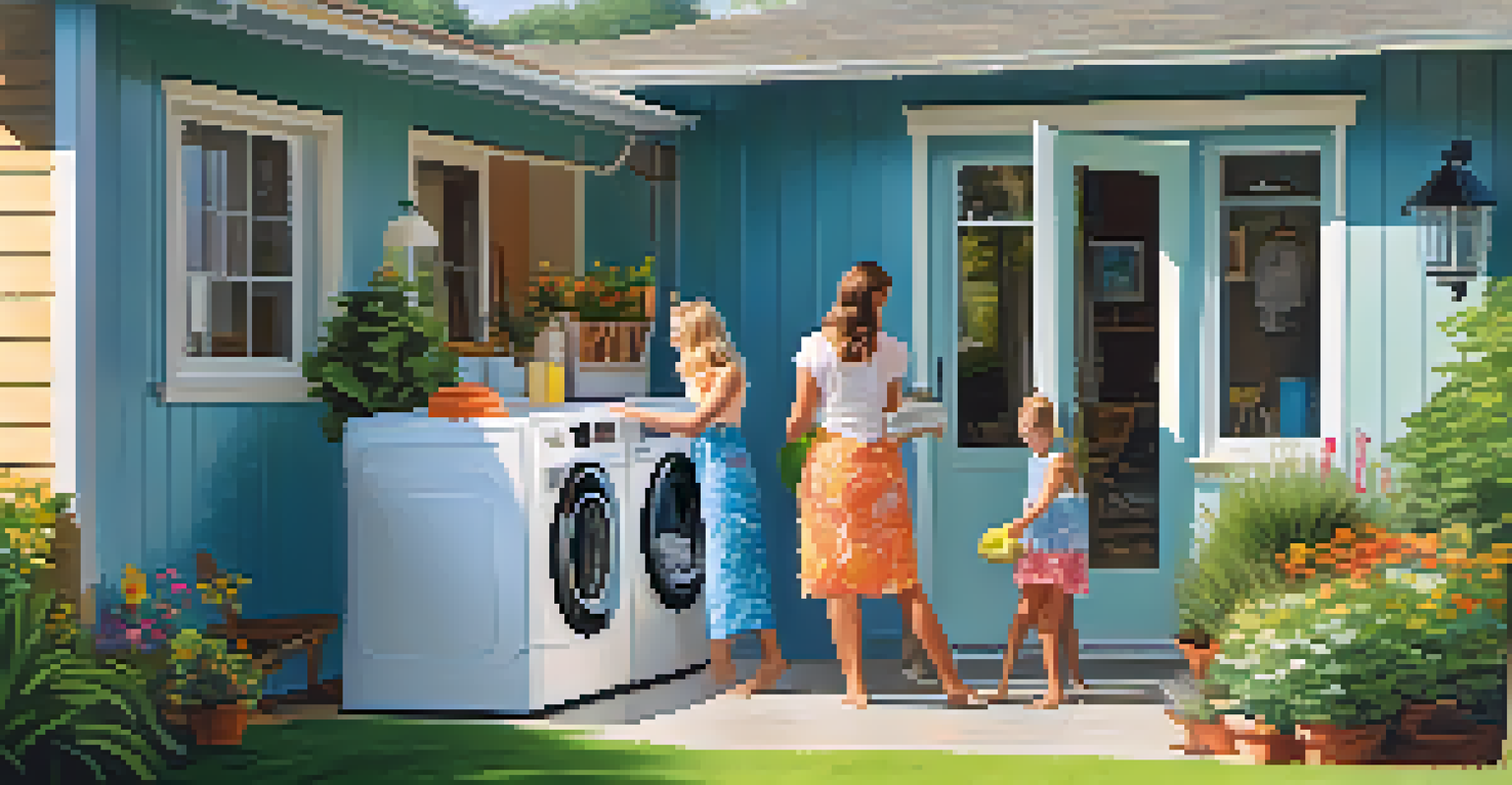 A family enjoying their home, with an emphasis on a high-efficiency washing machine in a sunny outdoor setting.