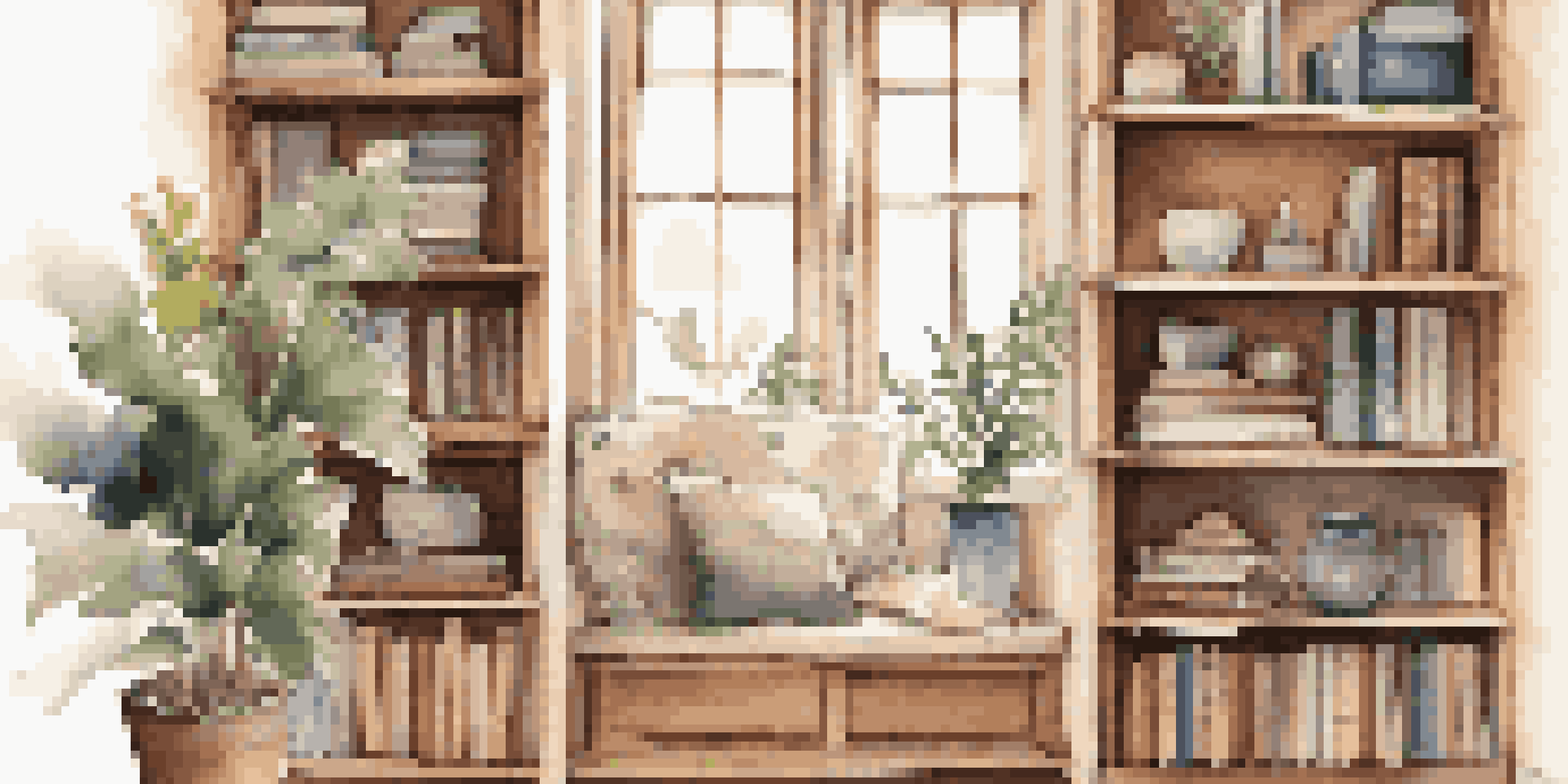 A cozy shelving unit in a small apartment nook filled with books and plants, illuminated by soft natural light.