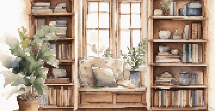 A cozy shelving unit in a small apartment nook filled with books and plants, illuminated by soft natural light.