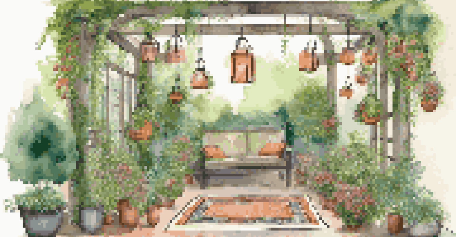 A vertical garden with trellises of green plants and colorful flowers, enhanced by a decorative rug and hanging lanterns, showcasing a vibrant outdoor retreat.