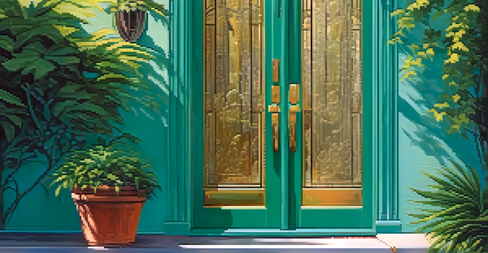 A close-up view of a turquoise front door with a brass handle, surrounded by green plants and soft sunlight.