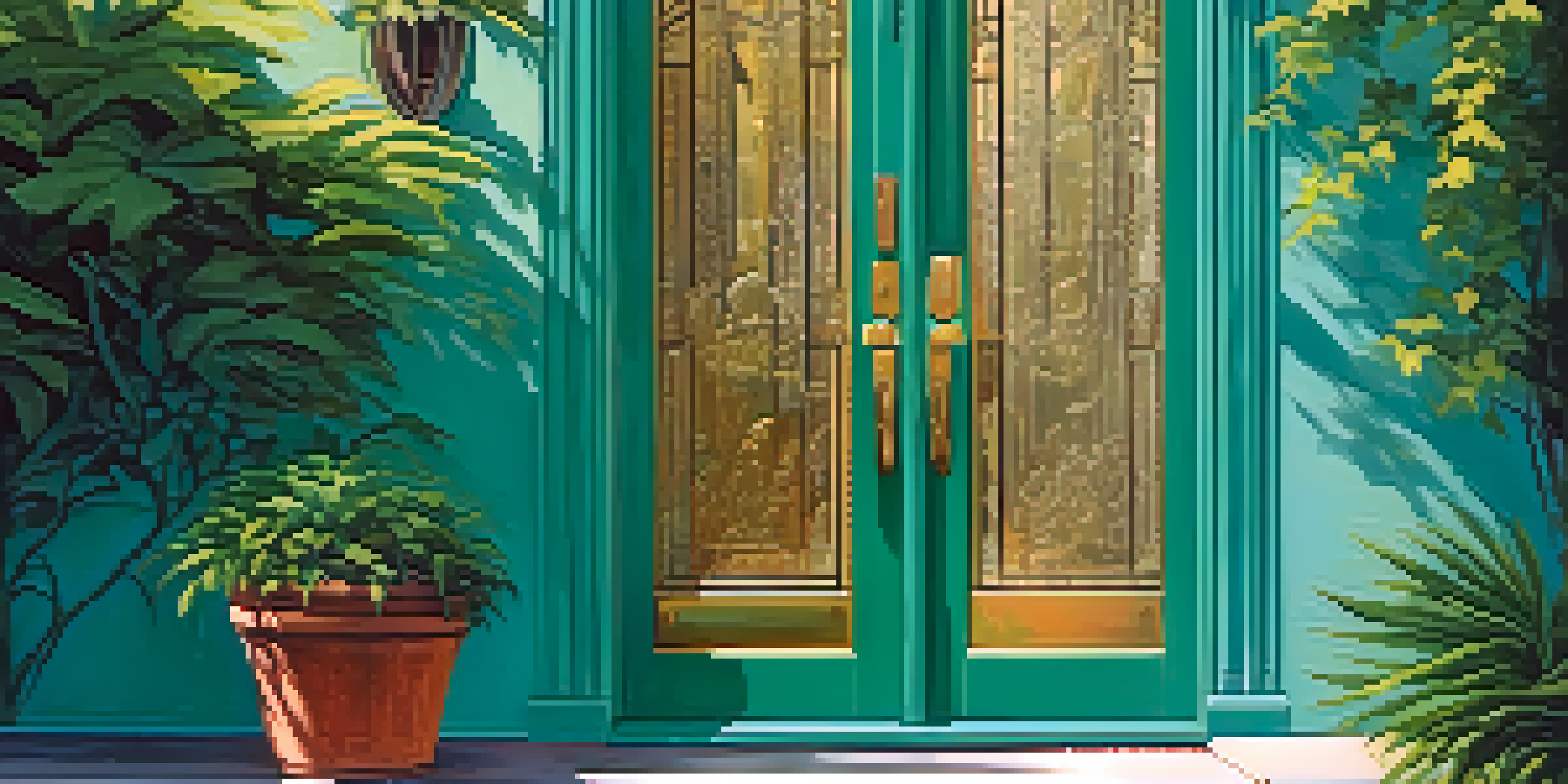 A close-up view of a turquoise front door with a brass handle, surrounded by green plants and soft sunlight.