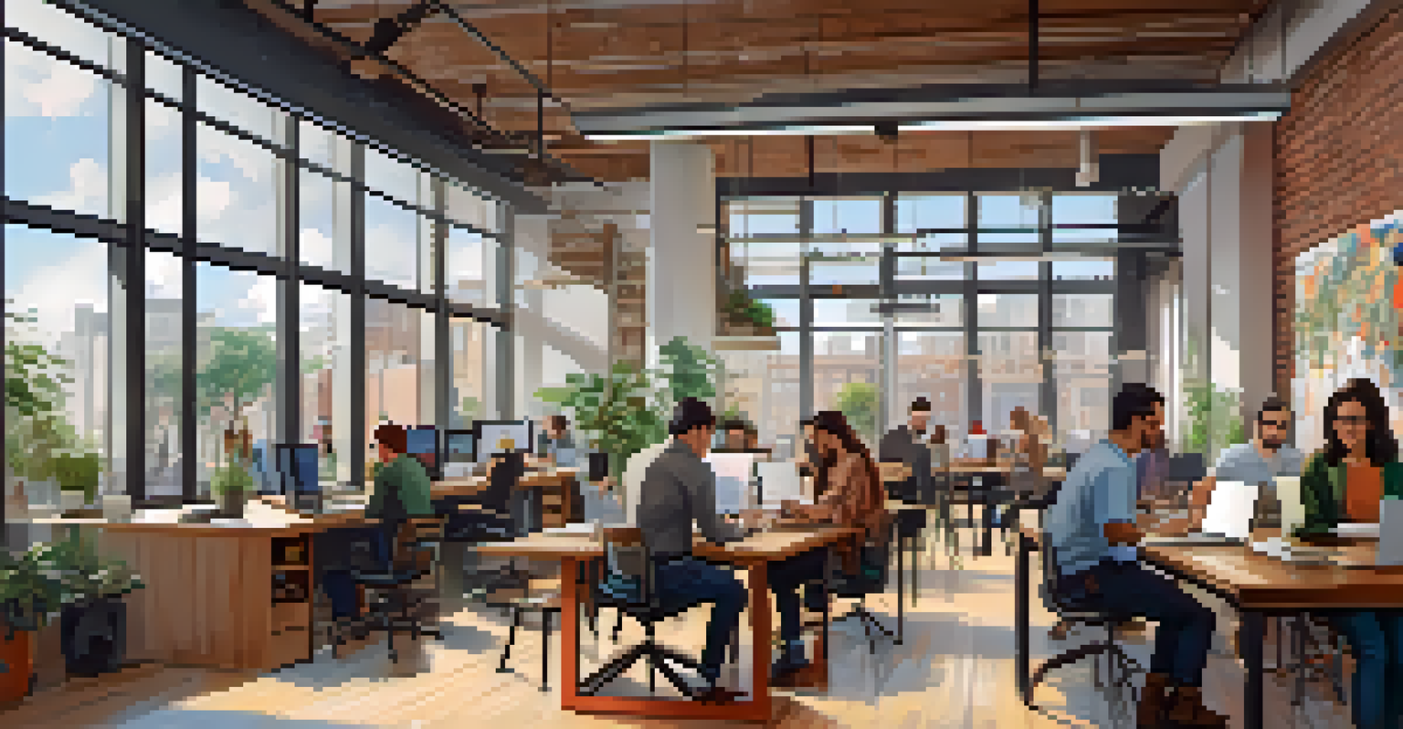 A lively co-working space with modern decor, people working together at shared desks.