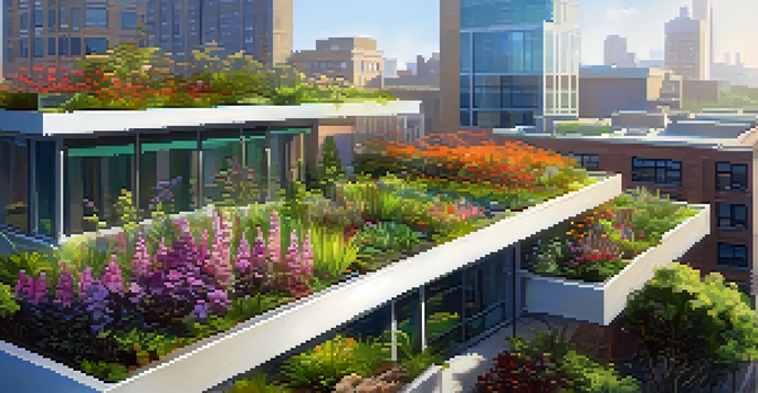 A vibrant green roof garden on a city building, showcasing various plants, flowers, and wildlife like birds and butterflies.