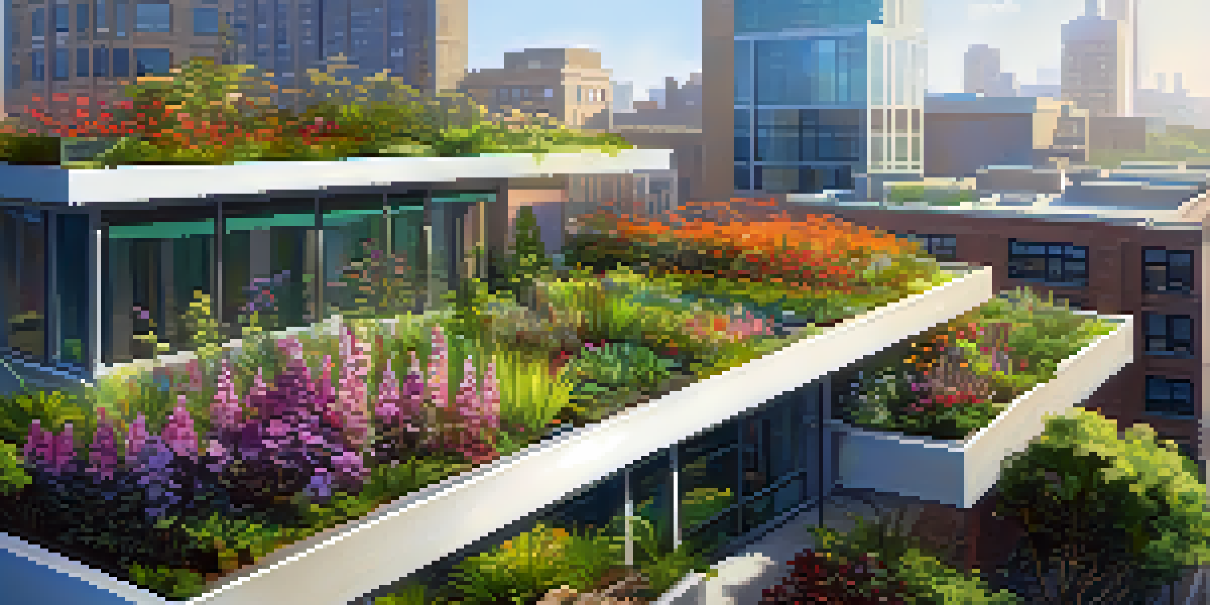 A vibrant green roof garden on a city building, showcasing various plants, flowers, and wildlife like birds and butterflies.