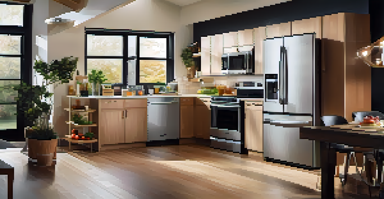 A modern kitchen with smart appliances, including a refrigerator and oven, set in a warm and inviting atmosphere.