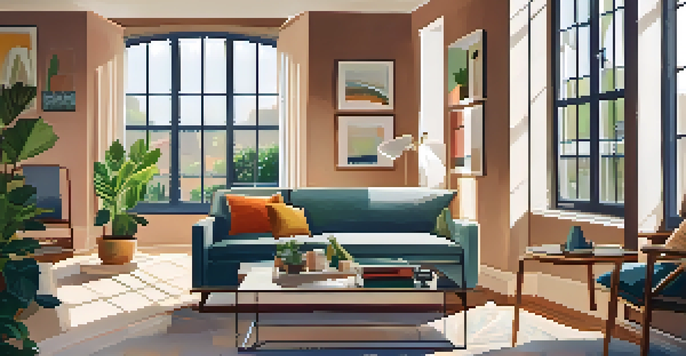 A cozy living room with a sofa, coffee table, and large windows filled with sunlight.