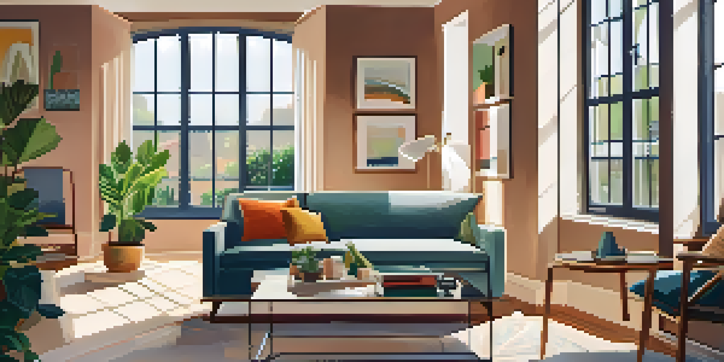 A cozy living room with a sofa, coffee table, and large windows filled with sunlight.