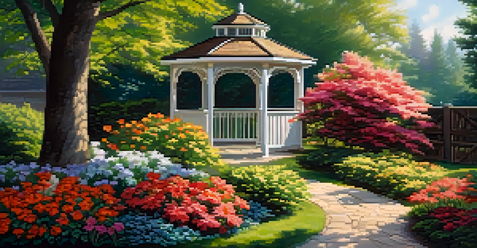 A beautiful garden with colorful flowers and a gazebo, illuminated by soft sunlight, creating a peaceful outdoor setting.