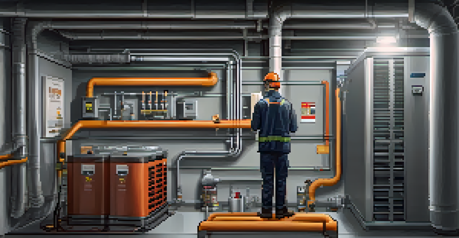 A technician inspecting a heating system in a basement, wearing safety gear and holding tools, with clean air filters nearby.