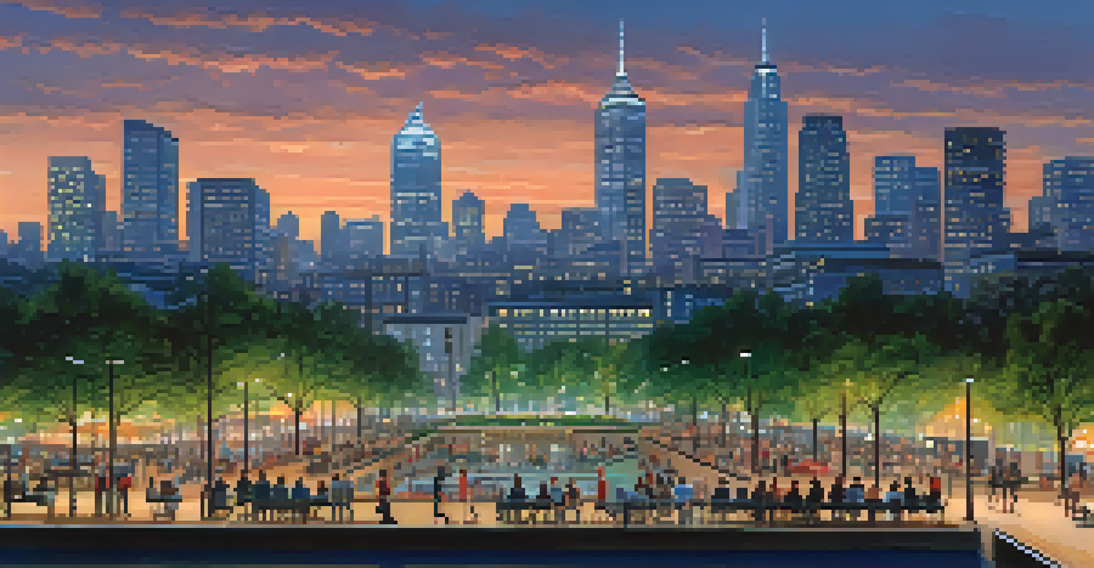 A lively urban skyline at twilight with modern buildings and a park filled with people.