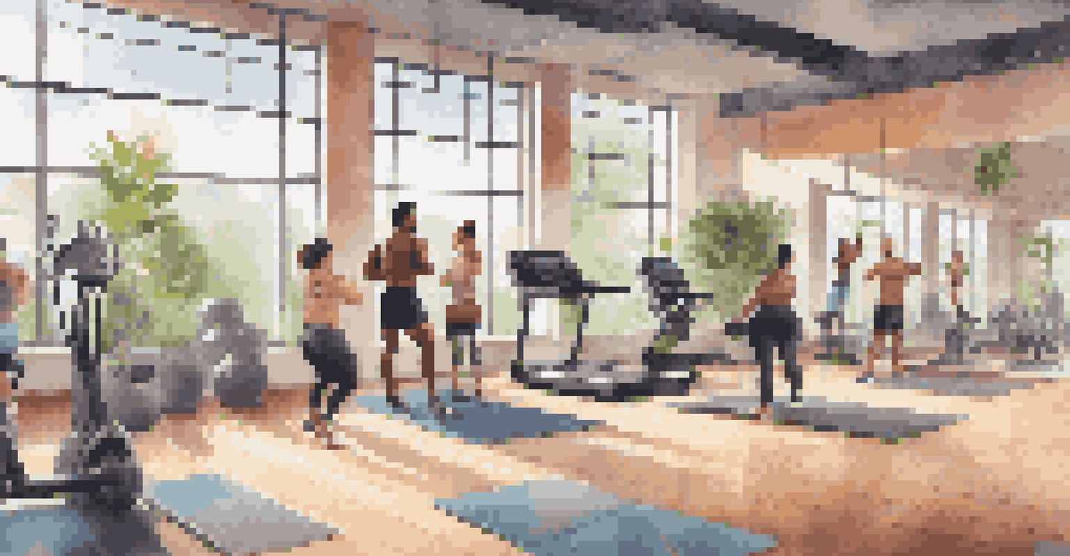 An interior view of a modern fitness center with people exercising in various activities, featuring large windows and motivational decor.