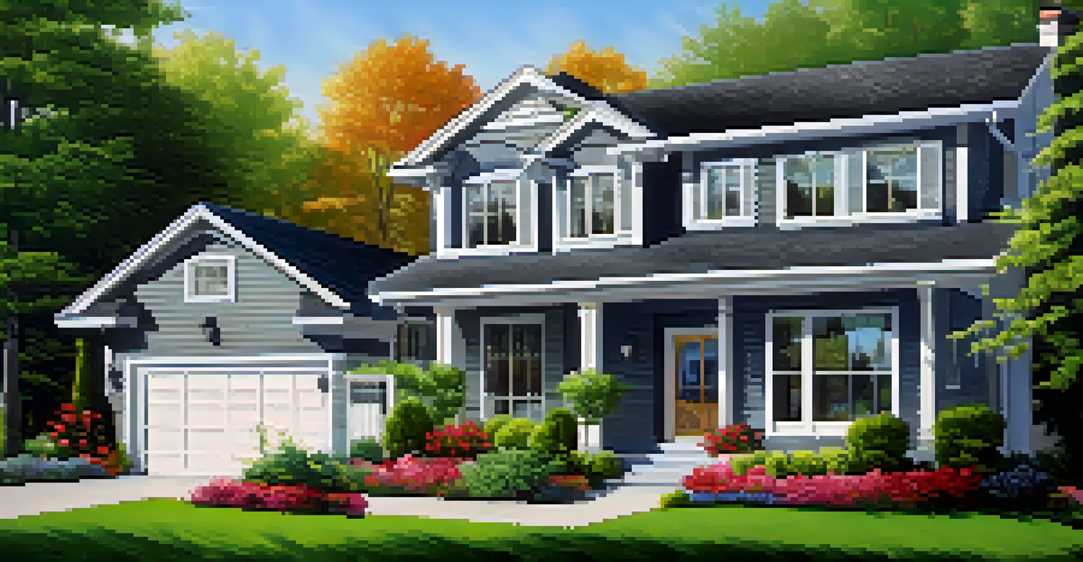 A modern home for sale with a 'For Sale' sign in the yard, surrounded by colorful flowers and green grass.