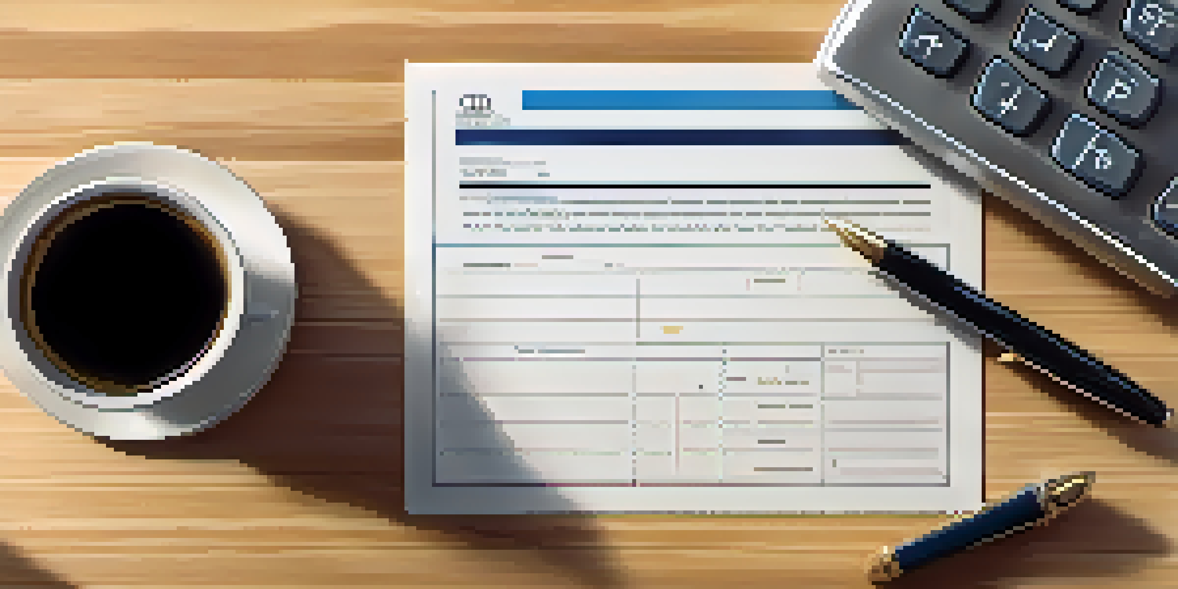 A close-up view of real estate closing documents on a wooden table with a calculator, pen, and coffee cup in soft natural light.