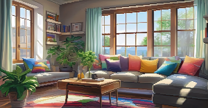 A warm and inviting living room filled with sunlight, featuring a sofa, coffee table, and decorative elements.
